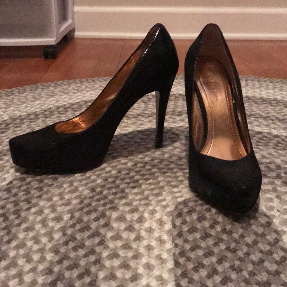 BCBGeneration Black Snakeskin Platform Heels